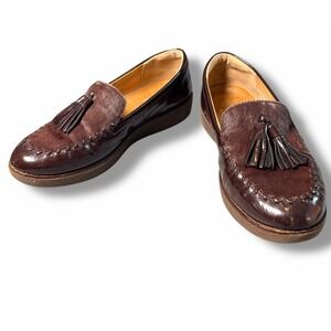 Fitflop Size 9 Kiltie Fringe Loafer Shoe Burgundy Brown Patent Leather Calf Hair